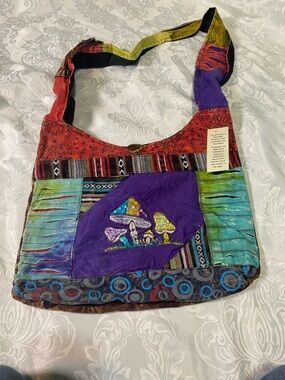Bohemian Patchwork Mushroom Embroidered Crossbody Bag in Purple & Multicolor NWT